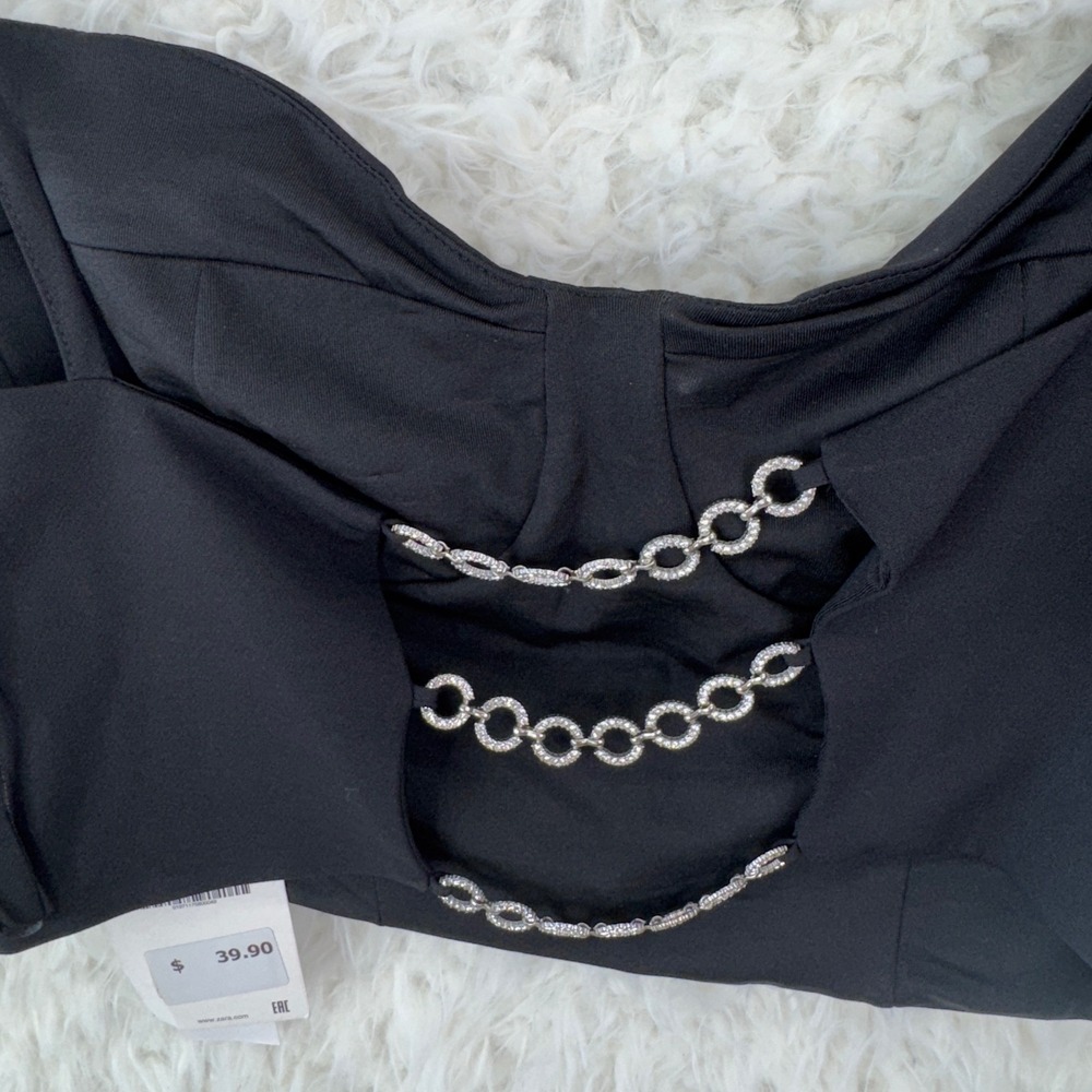 Zara Bustier Crop Top L Black Rhinestone Chain Back Corset Glam Night Out - Picture 7 of 10
